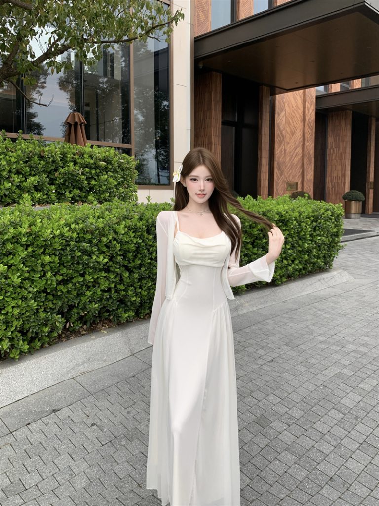 2026 Summer French Two-Piece Dress Set with Long Sleeve Sun Protection Cardigan and Cami Dress