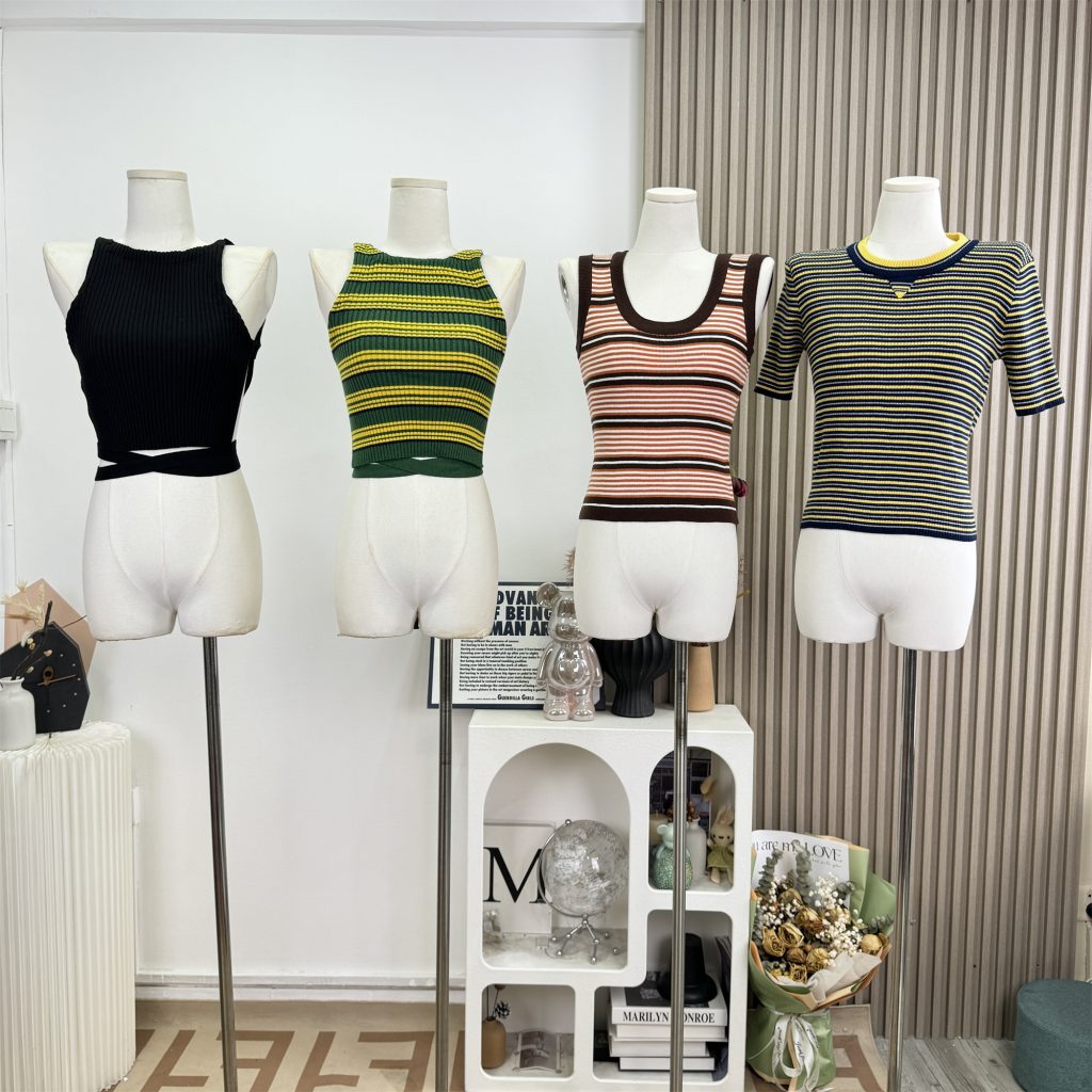 Women's Cotton Blend Color Block Striped Open Back Cami and Knit Short Sleeve Top