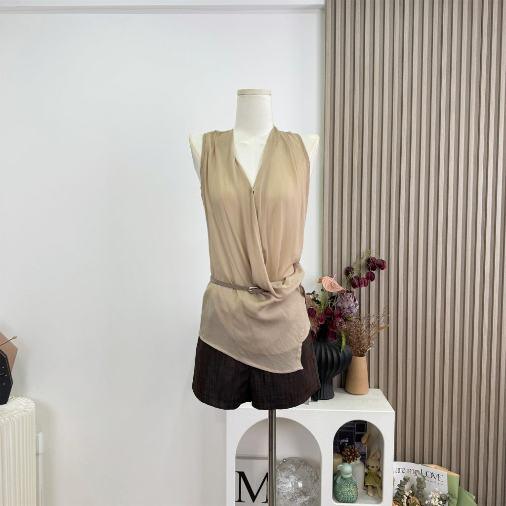 Women's French Cross V-Neck Halter Cami Top with Belt Sleeveless
