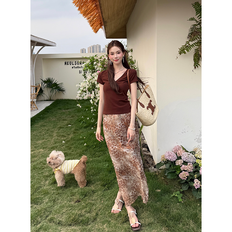 Women's Summer Two-Piece Set Solid T-Shirt and Leopard Chiffon Floral Skirt