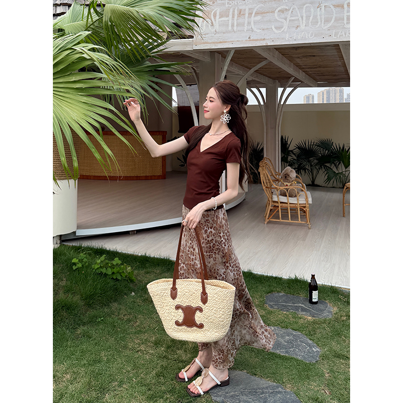 Women's Summer Two-Piece Set Solid T-Shirt and Leopard Chiffon Floral Skirt - Image 4