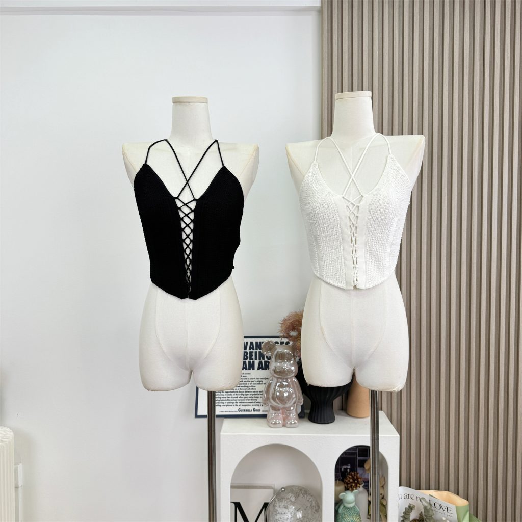 JAYKY YANG Hot Summer Halter V-Neck Cross-Tie Camisole Tank Top Hollow Knit Top
