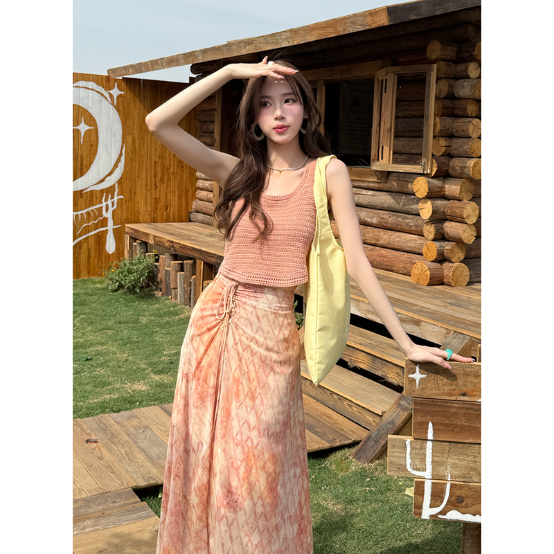 2026 Gentle Pink and Yellow Two-Piece Skirt Set for Women Summer Vacation French Style Long Dress