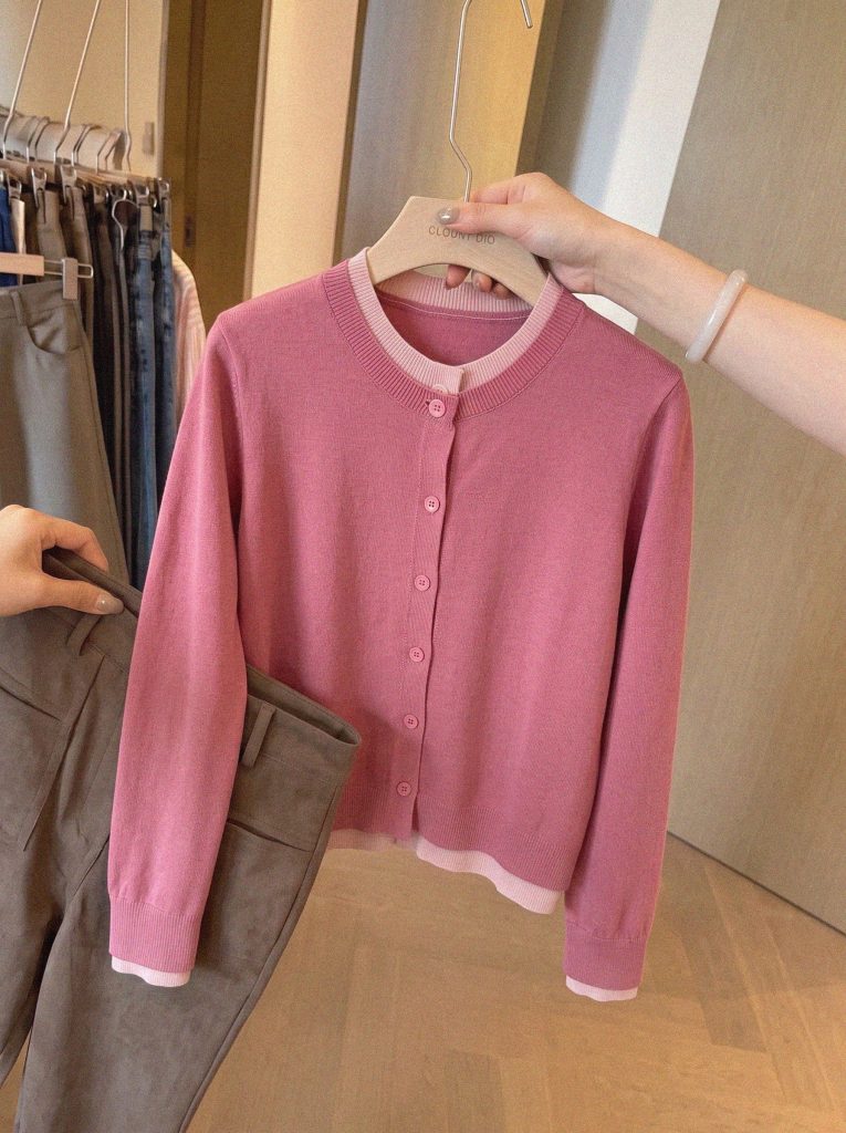 Pink Faux Two-Piece Knit Cardigan Women's Autumn Korean Lazy Style Outer Layer Sweater Color Block Top