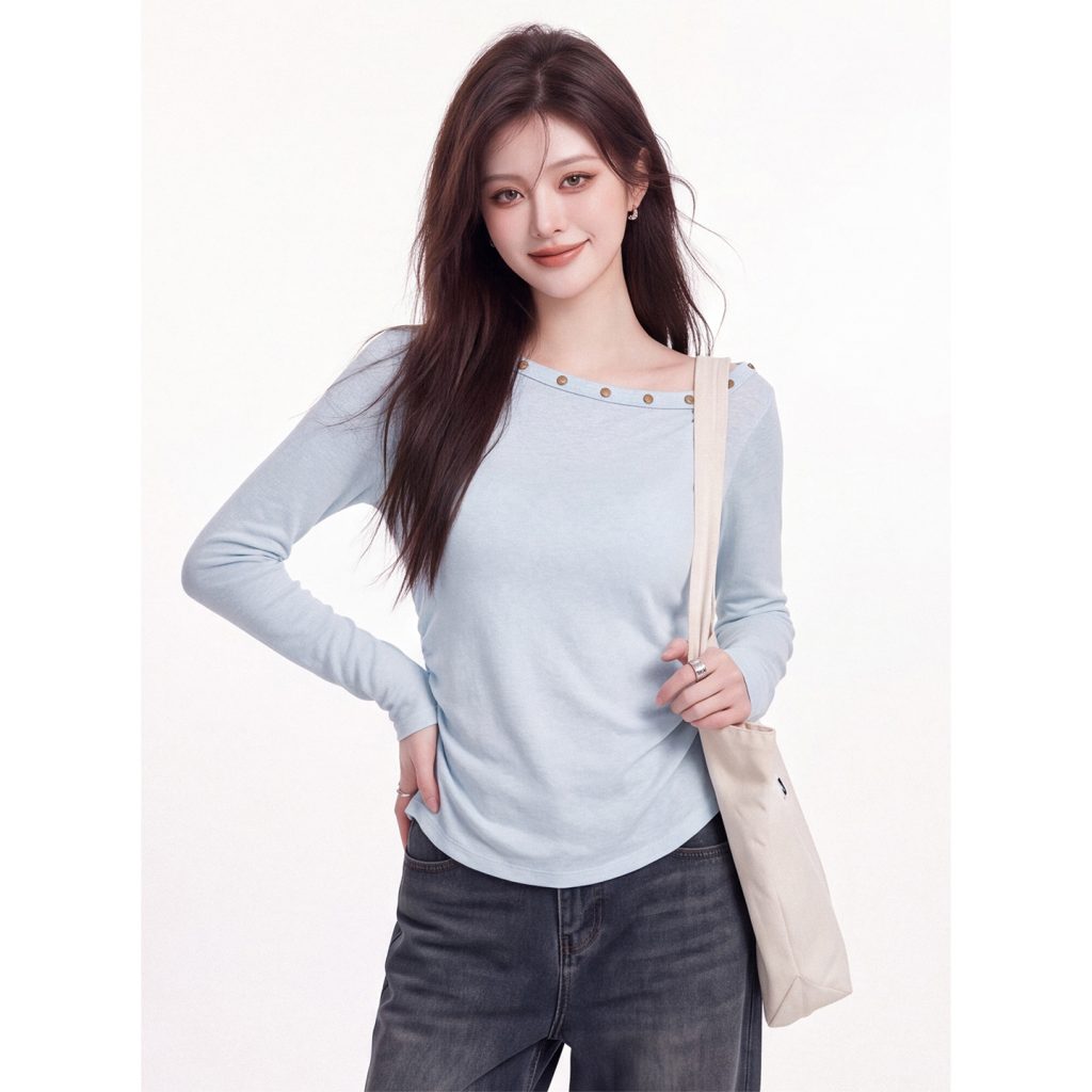 Women's Studded Asymmetric Off-Shoulder Long-Sleeve T-Shirt 2026 Early Autumn Pleated Waist Slim Fit Base Layer Top
