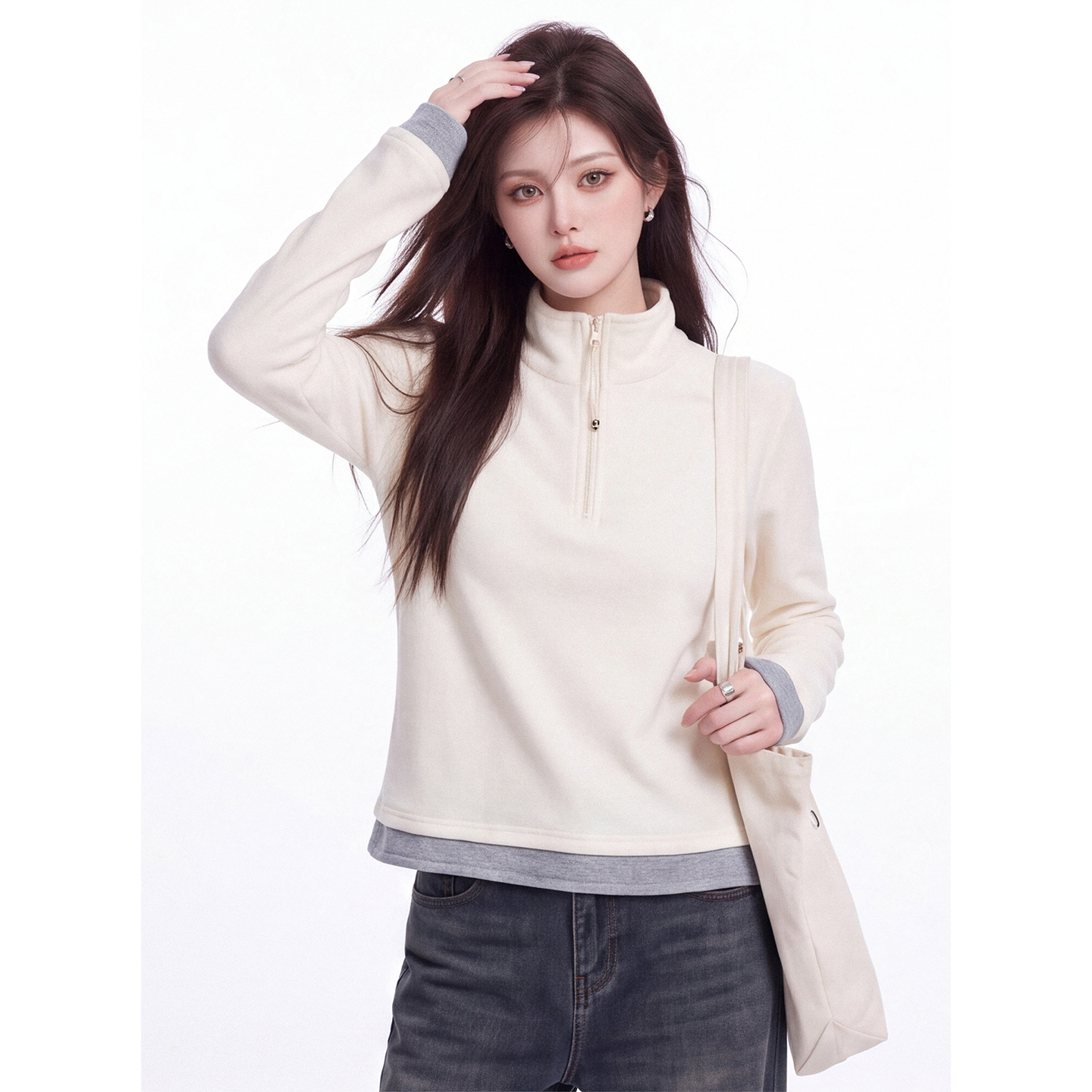 Women's Thick Double-Sided German Velvet Half-Zip Long-Sleeve Base Layer Top 2026 Fall New Design Premium Color-Block Shirt