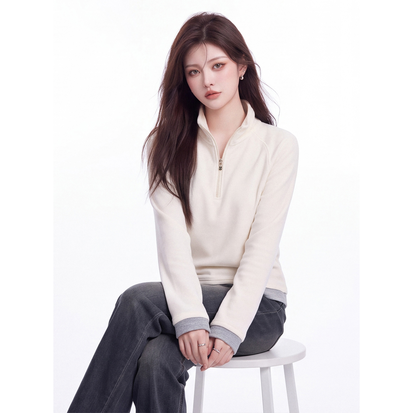 Women's Thick Double-Sided German Velvet Half-Zip Long-Sleeve Base Layer Top 2026 Fall New Design Premium Color-Block Shirt - Image 2