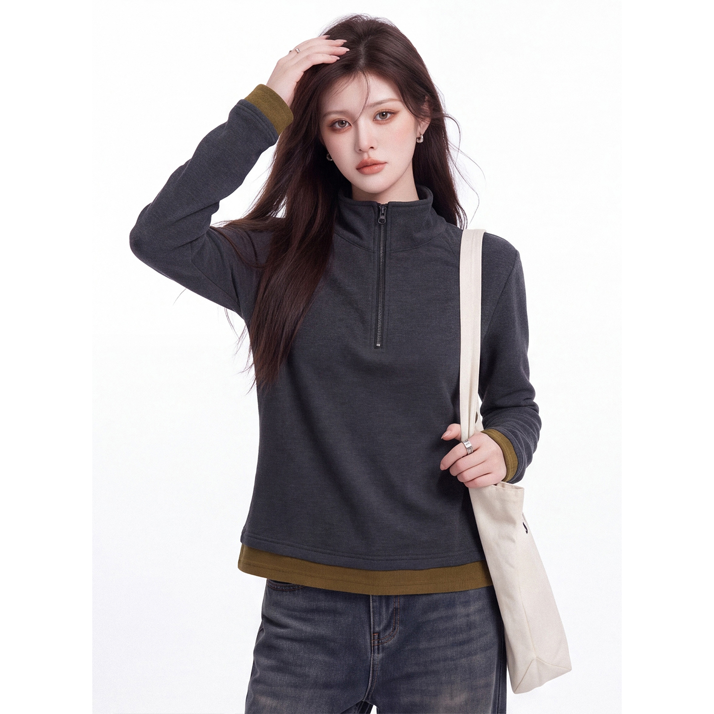 Women's Thick Double-Sided German Velvet Half-Zip Long-Sleeve Base Layer Top 2026 Fall New Design Premium Color-Block Shirt - Image 3