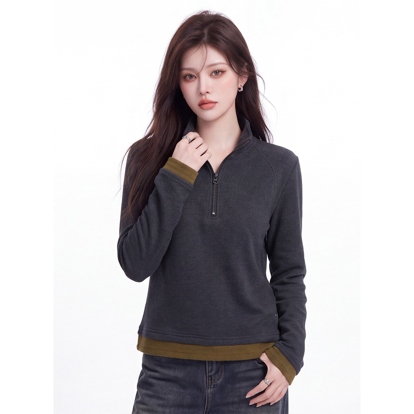 Women's Thick Double-Sided German Velvet Half-Zip Long-Sleeve Base Layer Top 2026 Fall New Design Premium Color-Block Shirt - Image 4