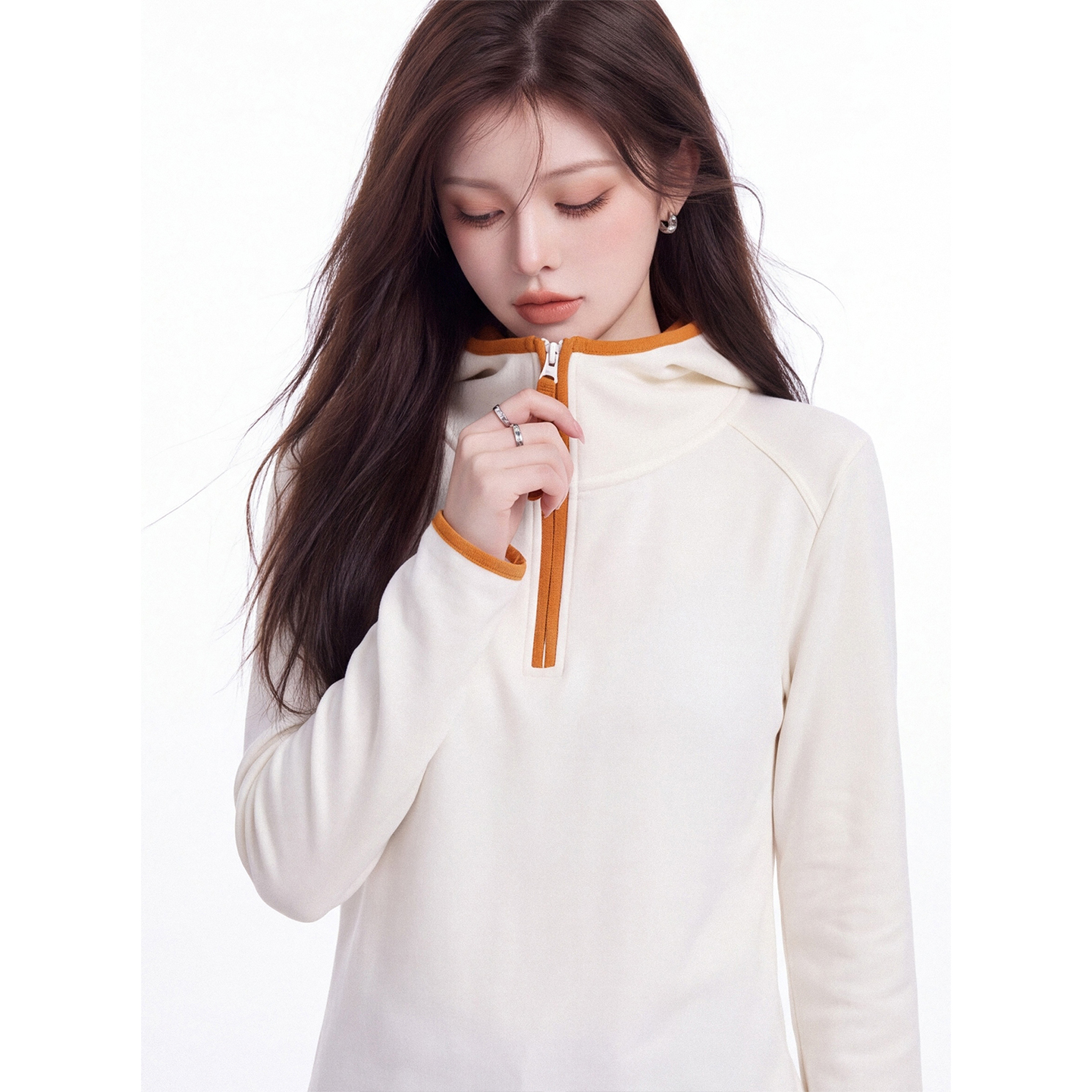 Women's Color-Block Half-Zip Hooded Long-Sleeve Sweatshirt 2026 Fall Winter Double-Sided Thickened German Velvet Base Layer Top - Image 2