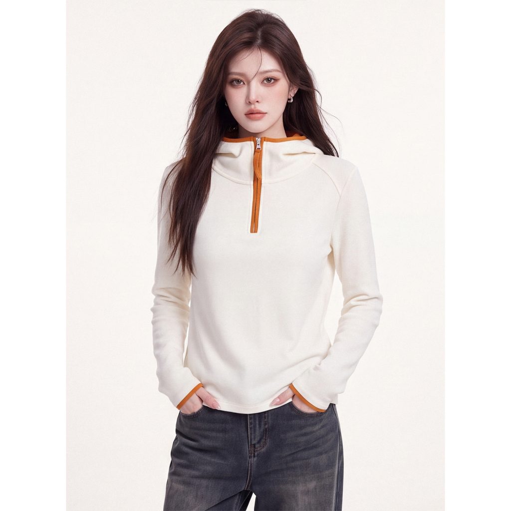 Women's Color-Block Half-Zip Hooded Long-Sleeve Sweatshirt 2026 Fall Winter Double-Sided Thickened German Velvet Base Layer Top