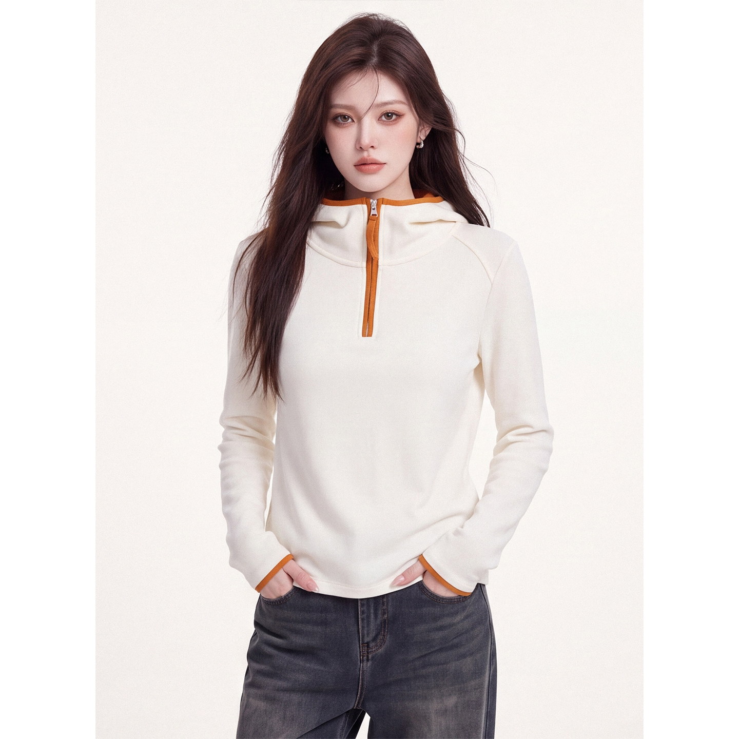Women's Color-Block Half-Zip Hooded Long-Sleeve Sweatshirt 2026 Fall Winter Double-Sided Thickened German Velvet Base Layer Top