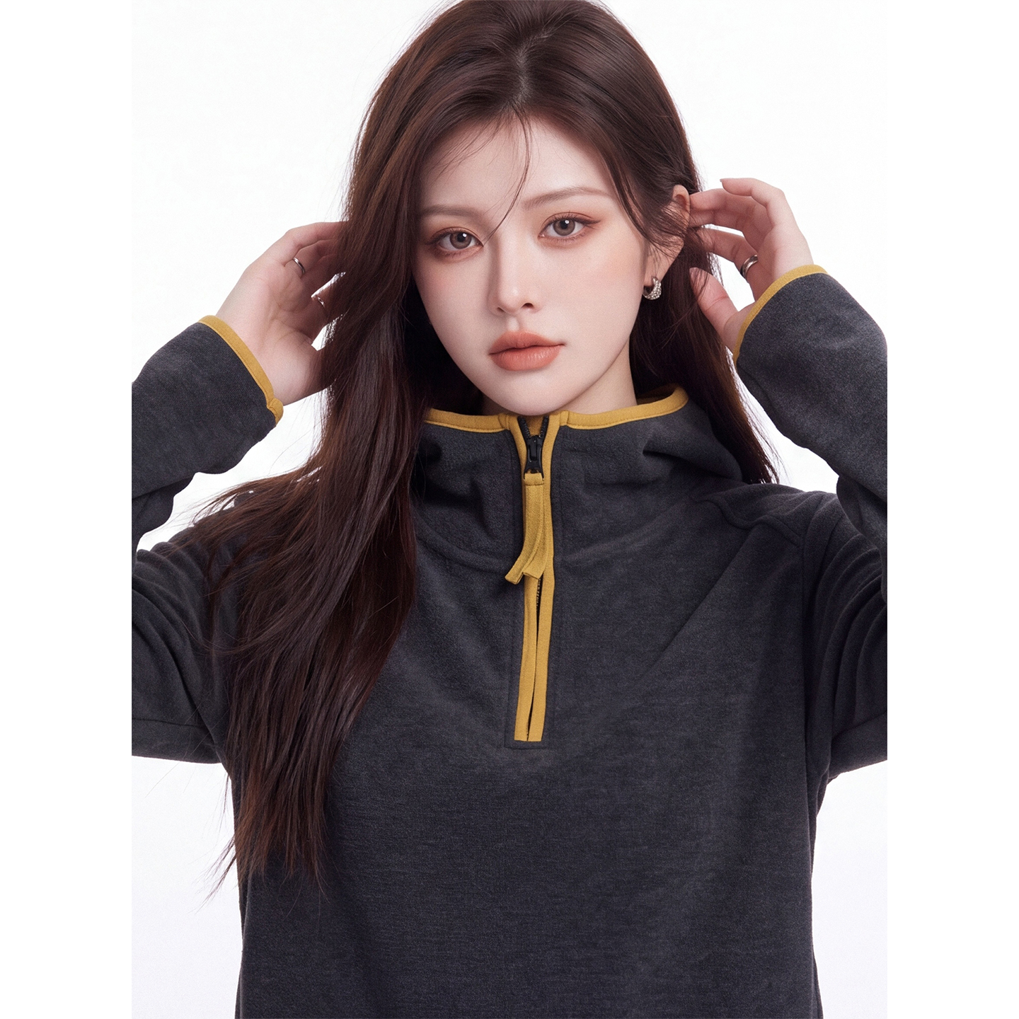 Women's Color-Block Half-Zip Hooded Long-Sleeve Sweatshirt 2026 Fall Winter Double-Sided Thickened German Velvet Base Layer Top - Image 4