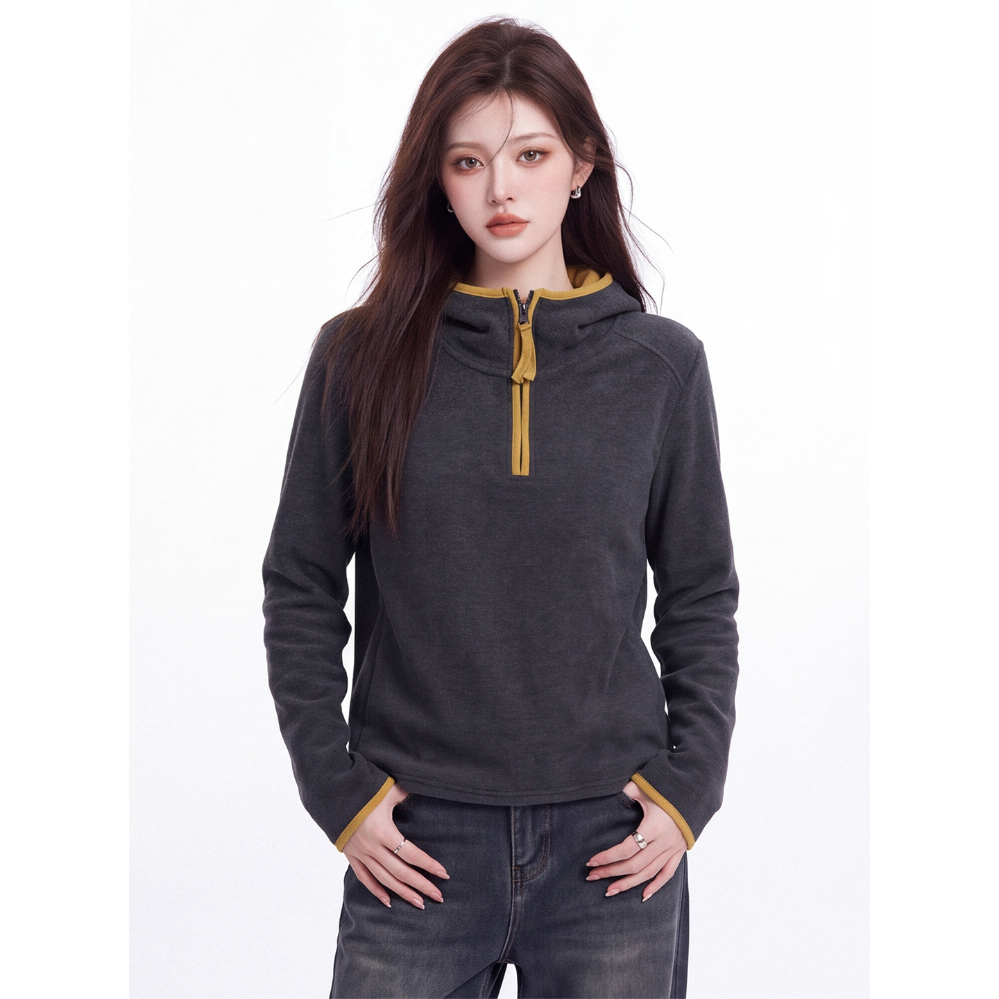 Women's Color-Block Half-Zip Hooded Long-Sleeve Sweatshirt 2026 Fall Winter Double-Sided Thickened German Velvet Base Layer Top - Image 3
