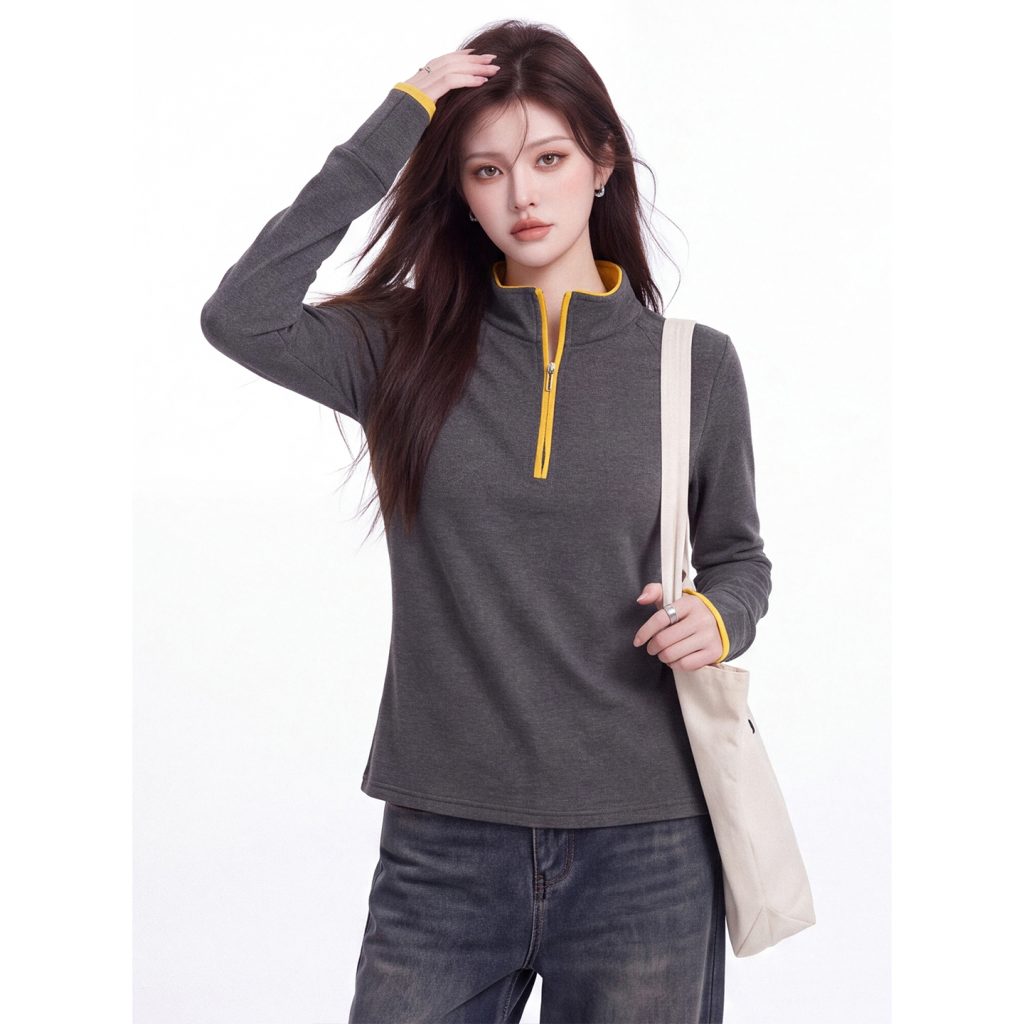 Women's Color-Block Half-Zip Stand Collar Long-Sleeve T-Shirt Slim Fit Base Layer