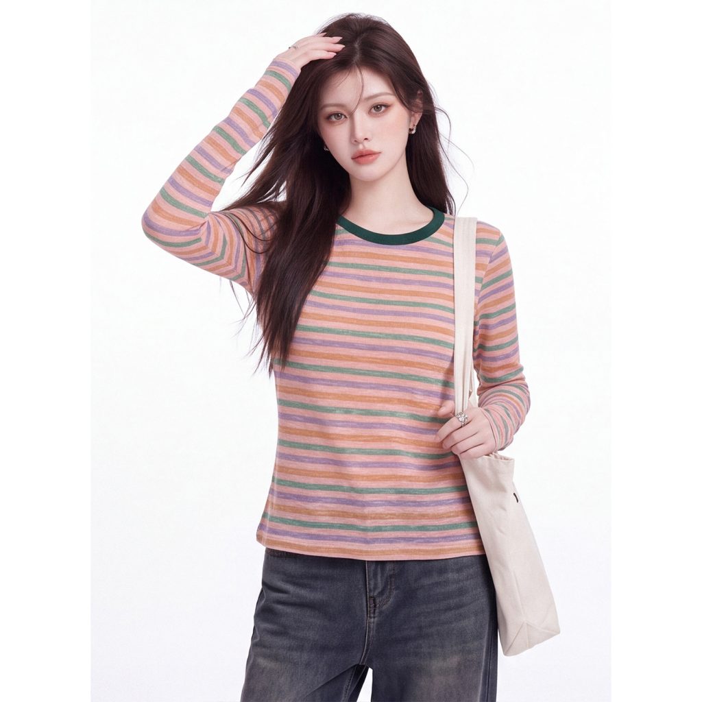 Retro Color Block Striped Crew Neck Long Sleeve T-Shirt for Women Early Autumn Slimming Base Layer