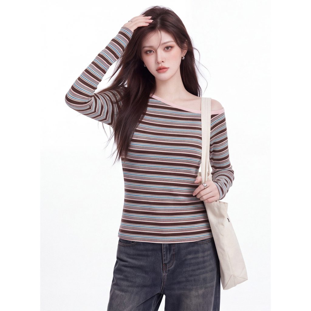 Retro Color Block Striped Asymmetric Neck Long Sleeve T-Shirt for Women Early Autumn New Sexy Off Shoulder Slim Short Base Top