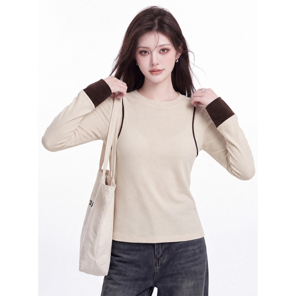 Korean Minimalist Colorblock Line T-Shirt Women Fall Round Neck Shoulder Line Design Base Layer Slimming Long Sleeve Top