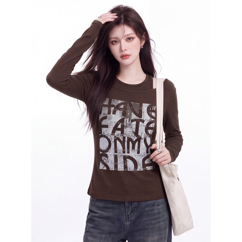 Early Autumn Women's Faux Two-Piece Long Sleeve T-Shirt with Letter Print Slimming Layered Top