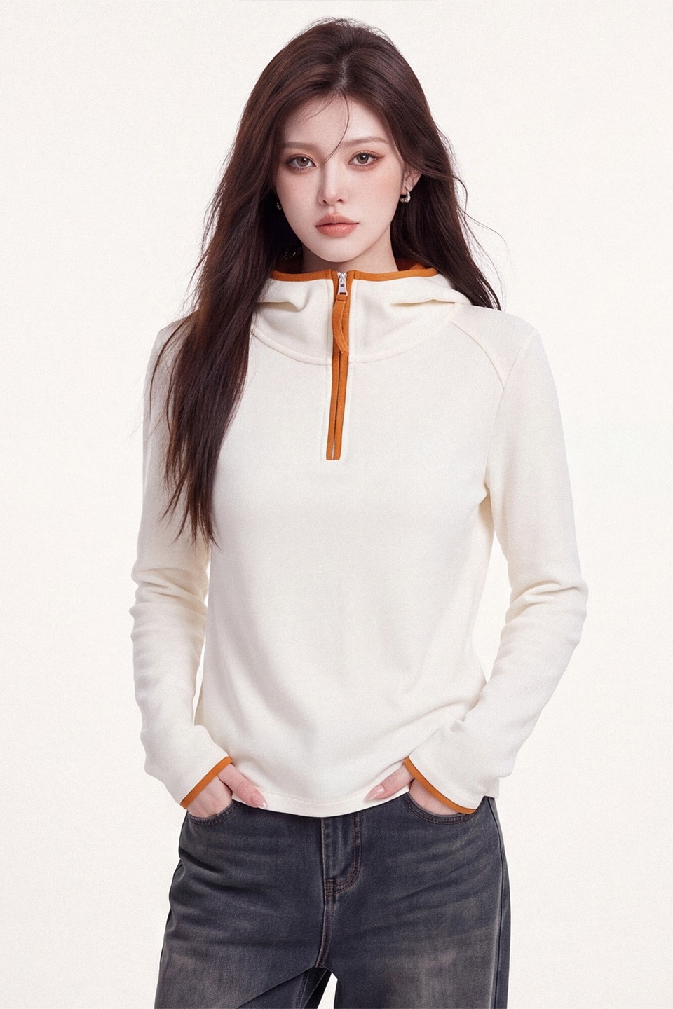 Women's Color-Block Half-Zip Hooded Long-Sleeve Sweatshirt 2026 Fall Winter Double-Sided Thickened German Velvet Base Layer Top - Image 5